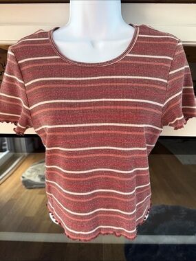 American Eagle Outfitters Rust and Cream Striped Ribbed Tee